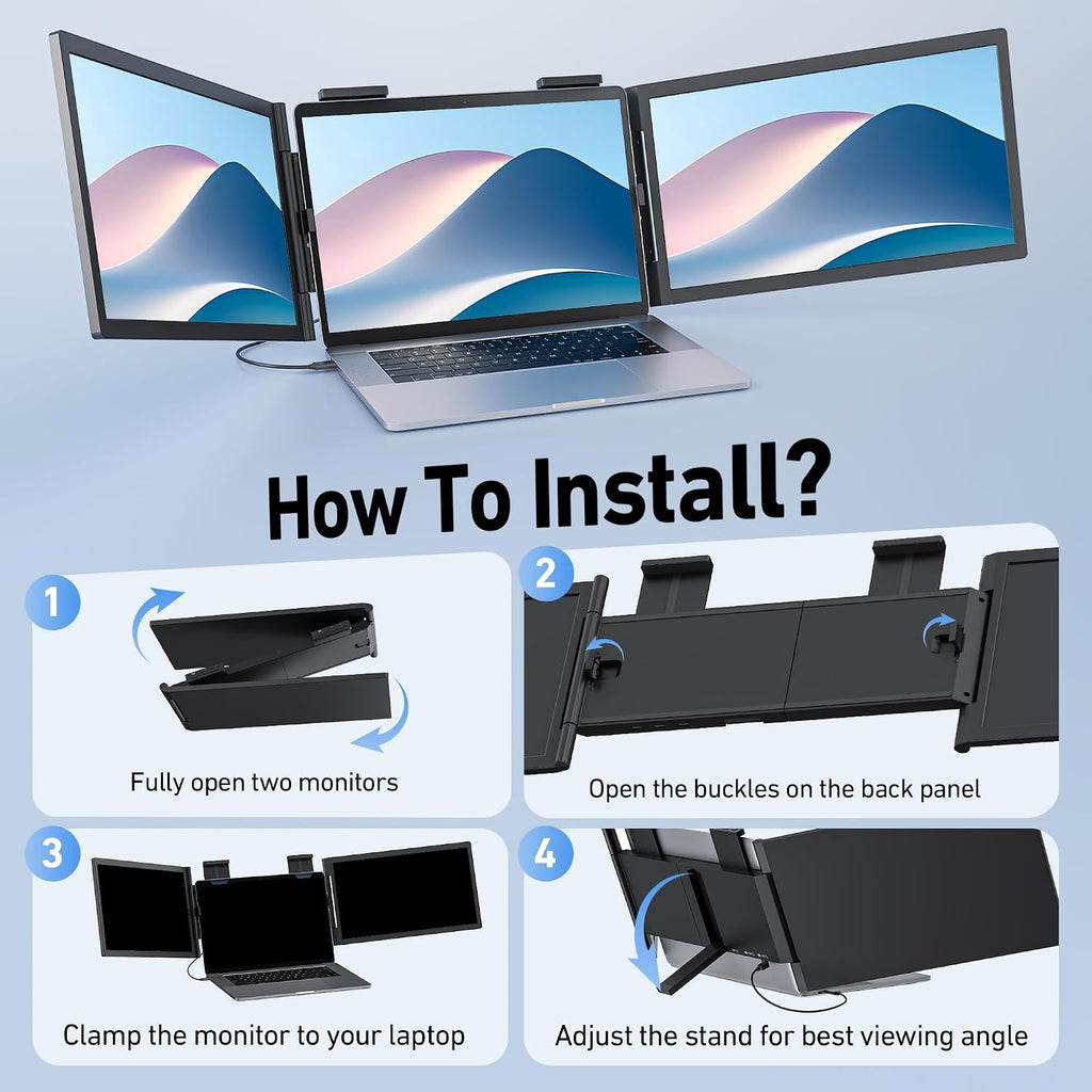 Laptop Screen Extender, 14'' FHD 1080P Triple Portable Monitor for Laptop with Ultra-Slim IPS Display, USB-C Plug and Play Multi Screen Attachment for 14'-15.6' Laptops