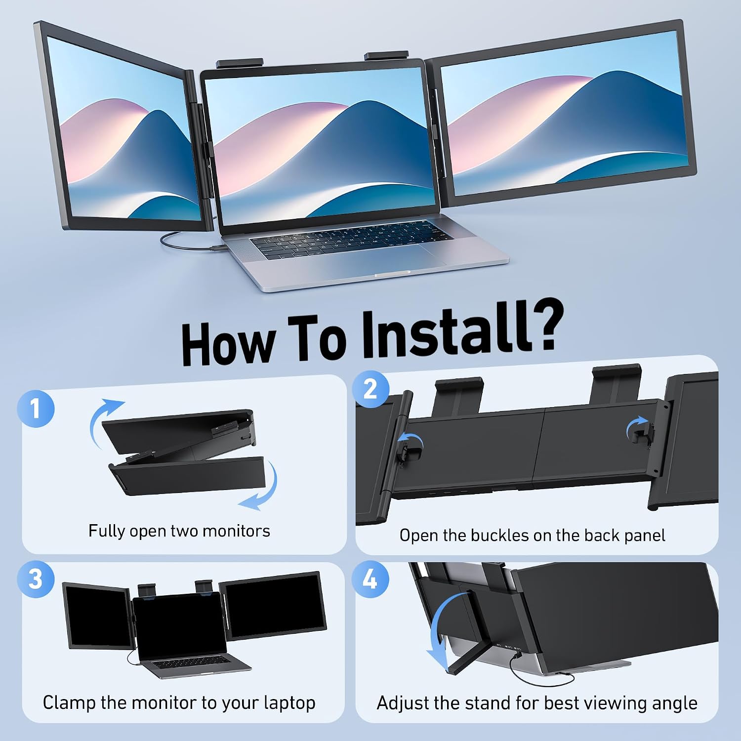 Laptop Screen Extender, 14'' FHD 1080P Triple Portable Monitor for Laptop with Ultra-Slim IPS Display, USB-C Plug and Play Multi Screen Attachment for 14'-15.6' Laptops