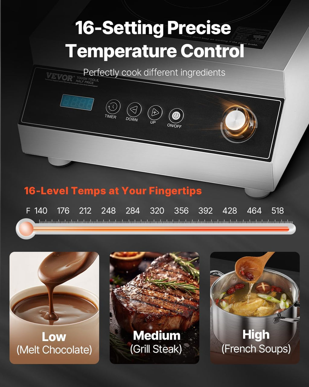 VEVOR Portable Commercial Cooktop, 5000W Induction Burner with 16 Temp Settings, Stainless Steel Countertop Induction Hot Plate with 4H Timer, Child Lock