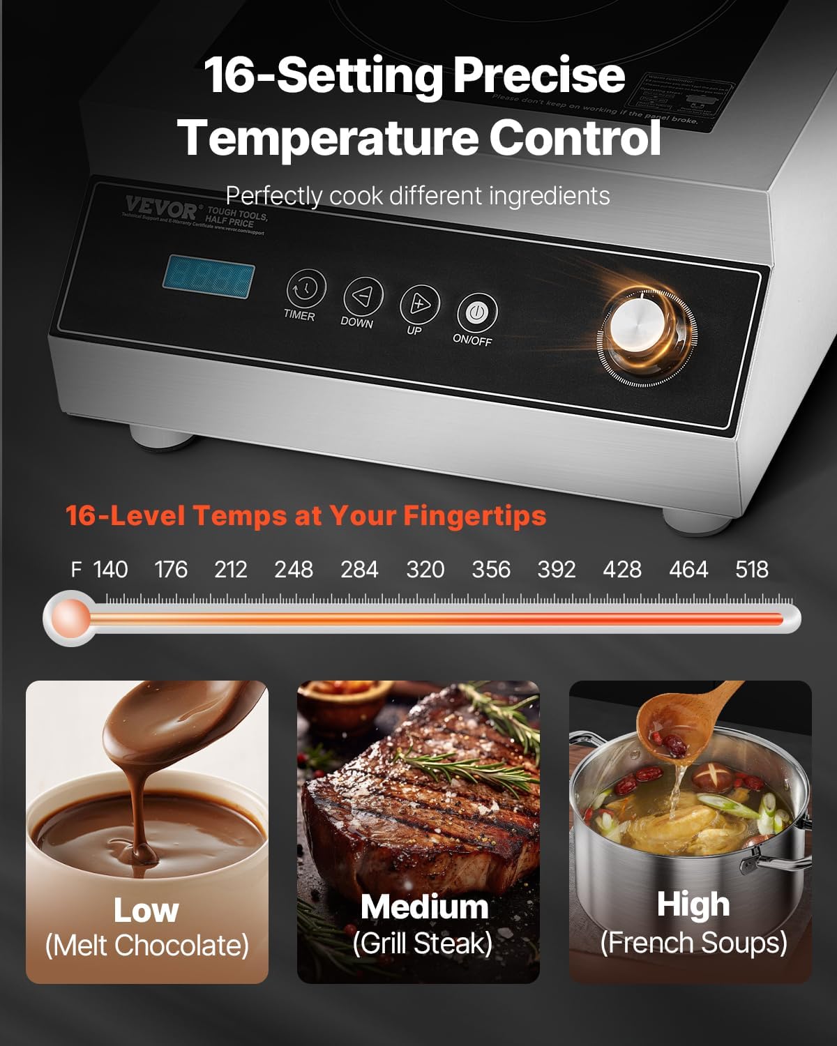 VEVOR Portable Commercial Cooktop, 5000W Induction Burner with 16 Temp Settings, Stainless Steel Countertop Induction Hot Plate with 4H Timer, Child Lock