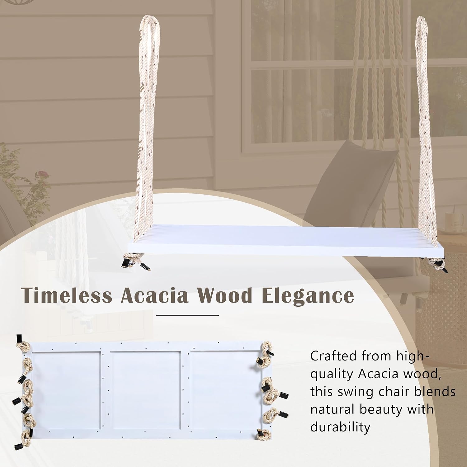 YOPTO Acacia Wood Porch Swing Bench with Cushion & Pillows, 63' Outdoor Hanging Bench for 2 Adults, Rustic Heavy Duty 10.8ft Ropes Swing Daybed for Patio Backyard Garden, White