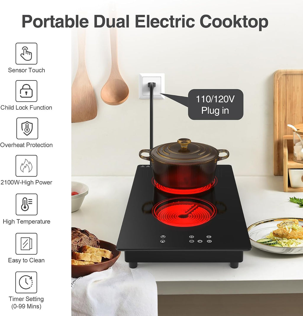 GIHETKUT Electric Cooktop,Built-in and Countertop Electric Stove Top, 2100W 110V Electric Burner 9 Heating Level, Timer & Kid Safety Lock, Sensor Touch Control 2 Burner Electric Cooktop.