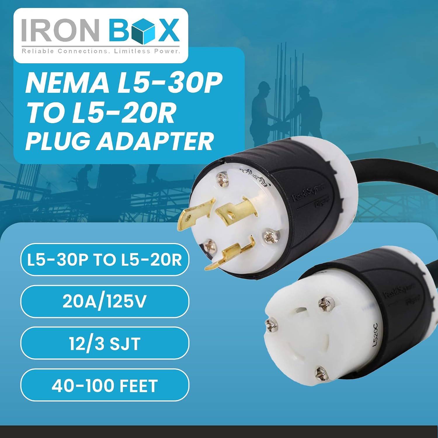 IronBox Electric NEMA L5-30P to L5-20R Plug Adapter Power Cord - 20A,125V,12/3 SJT - UL Listed Power Cable - Heavy Duty Extension Cord for Generator, Data Centers, Outdoor & More (100ft, Custom Built)
