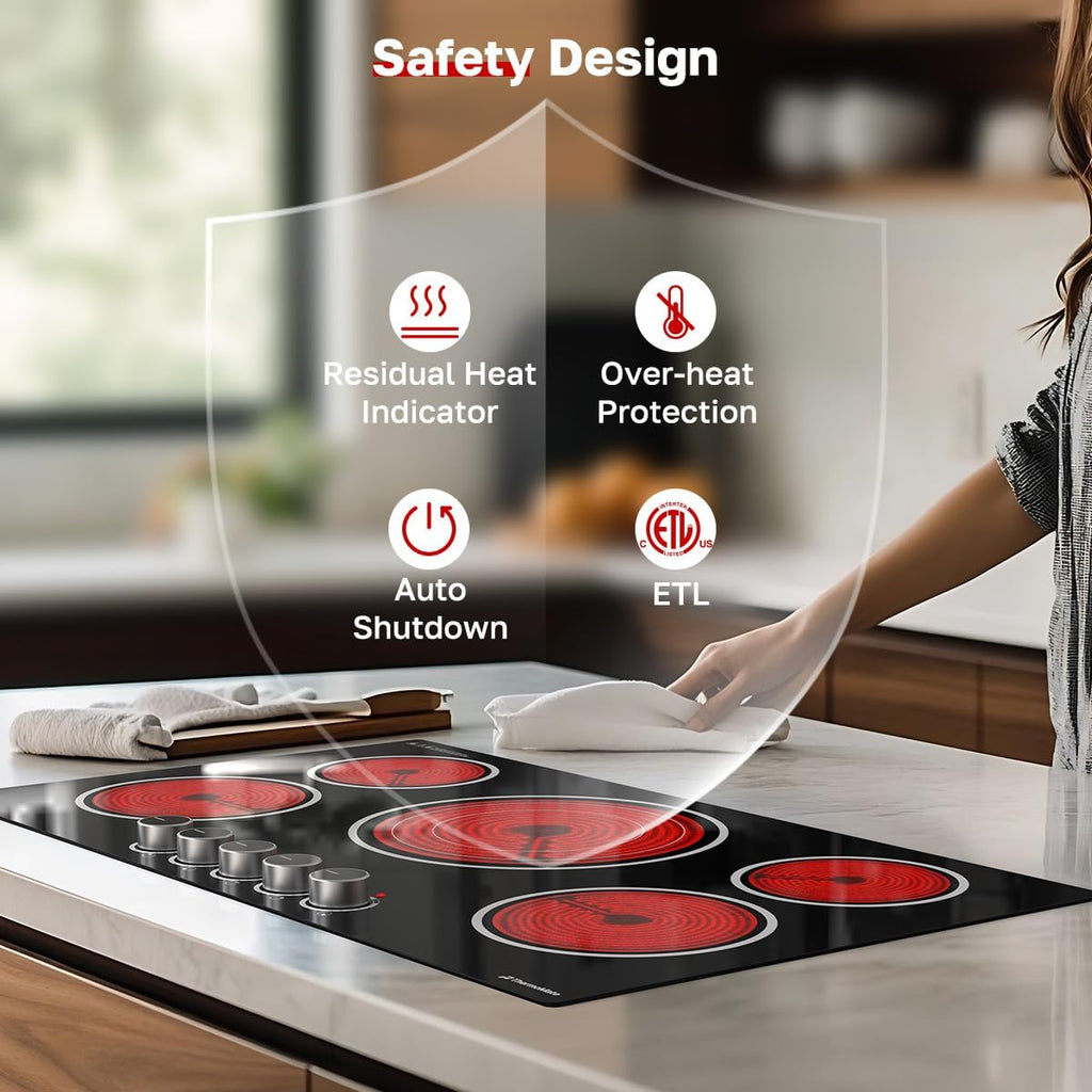 ThermoMate 36 Inch Electric Cooktop, 5 Burners Knob Control Built-in Ceramic Cooktop, 30' Radiant Electric Stove Top of 9000W with 9 Heat Levels, Hot Surface Indicator, 220-240v, Hard Wired