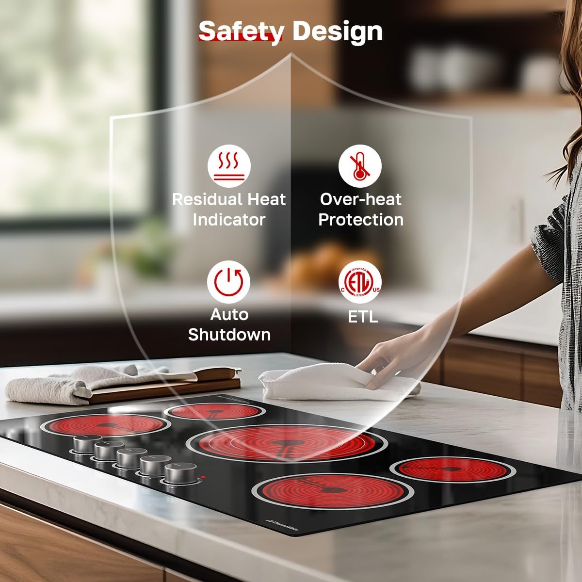 ThermoMate 36 Inch Electric Cooktop, 5 Burners Knob Control Built-in Ceramic Cooktop, 30' Radiant Electric Stove Top of 9000W with 9 Heat Levels, Hot Surface Indicator, 220-240v, Hard Wired
