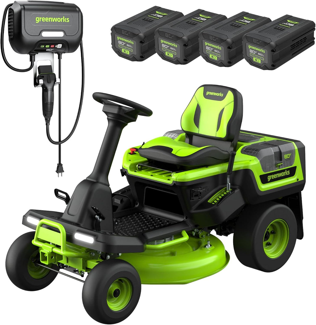 Greenworks 80V 30' Cordless Riding Lawn Tractor, (4) 6.0Ah Batteries and 600W Charger