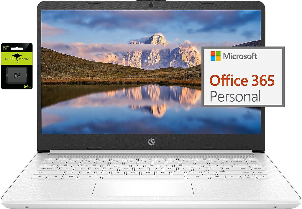 HP 14' Ultral Light Laptop for Students and Business, Intel Quad-Core N4120, 8GB RAM, 128GB Storage(64GB eMMC+64GB Ghost Manta SD Card), 1 Year Office 365, Webcam, HDMI, WiFi, USB-A&C, Win 11 S