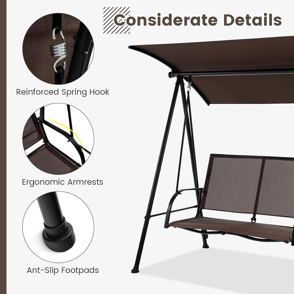 HAPPYGRILL 2-Person Patio Swing with Canopy, Heavy-Duty Metal Frame, Breathable Seat Fabric, Outdoor Loveseat Swing for Backyard, Balcony, Poolside