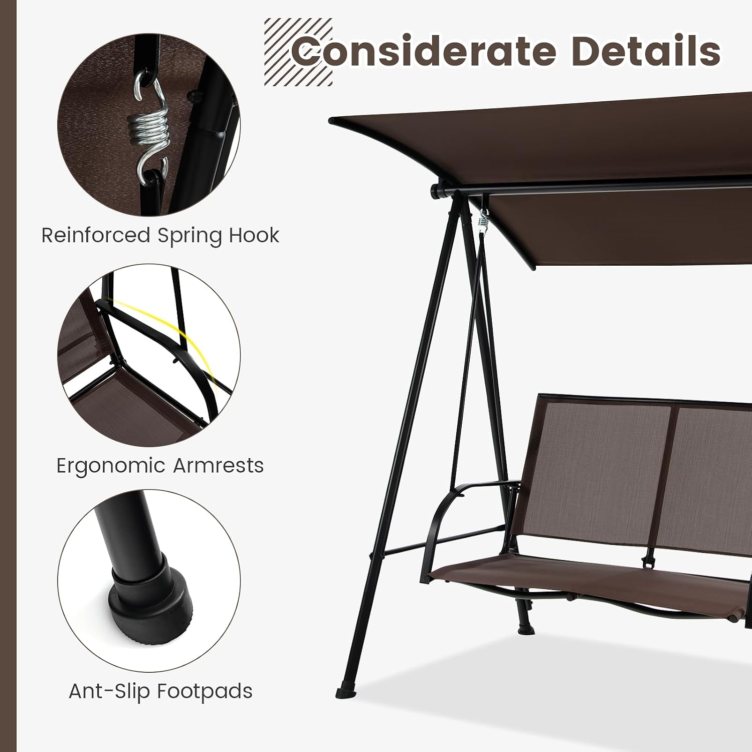 HAPPYGRILL 2-Person Patio Swing with Canopy, Heavy-Duty Metal Frame, Breathable Seat Fabric, Outdoor Loveseat Swing for Backyard, Balcony, Poolside