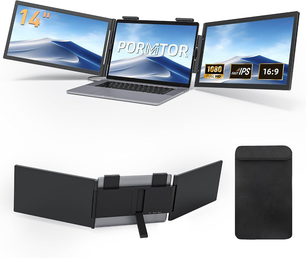 Laptop Screen Extender, 14'' FHD 1080P Triple Portable Monitor for Laptop with Ultra-Slim IPS Display, USB-C Plug and Play Multi Screen Attachment for 14'-15.6' Laptops