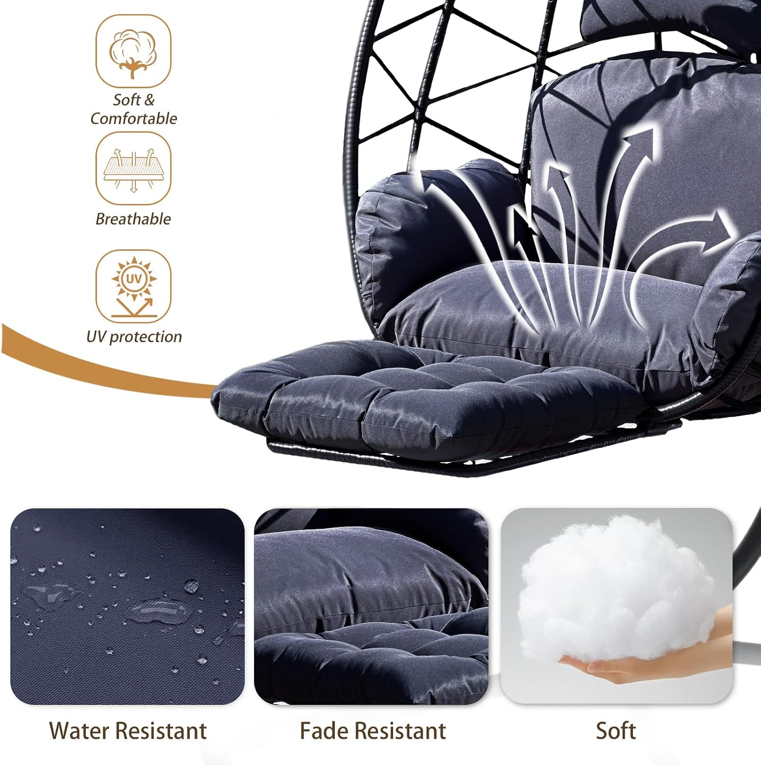 Hanging Egg Chair with Leg Rest, Indoor/Outdoor Swing Egg Chair Hammock Basket Seat Chair with Cushion for Porch Balcony Garden Patio (Ribbon+Rattan, Black+Dark Grey)