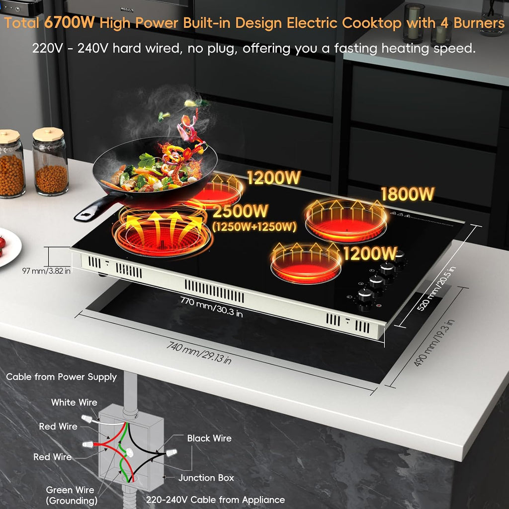 Electric Cooktop 30 inch 4 Burner, 6700W Built-in Radiant Electric Stove Top with Knob Control, Electric Ceramic Stove Cooktop with 11 Level Power Adjustable, 220-240V, Hard Wire