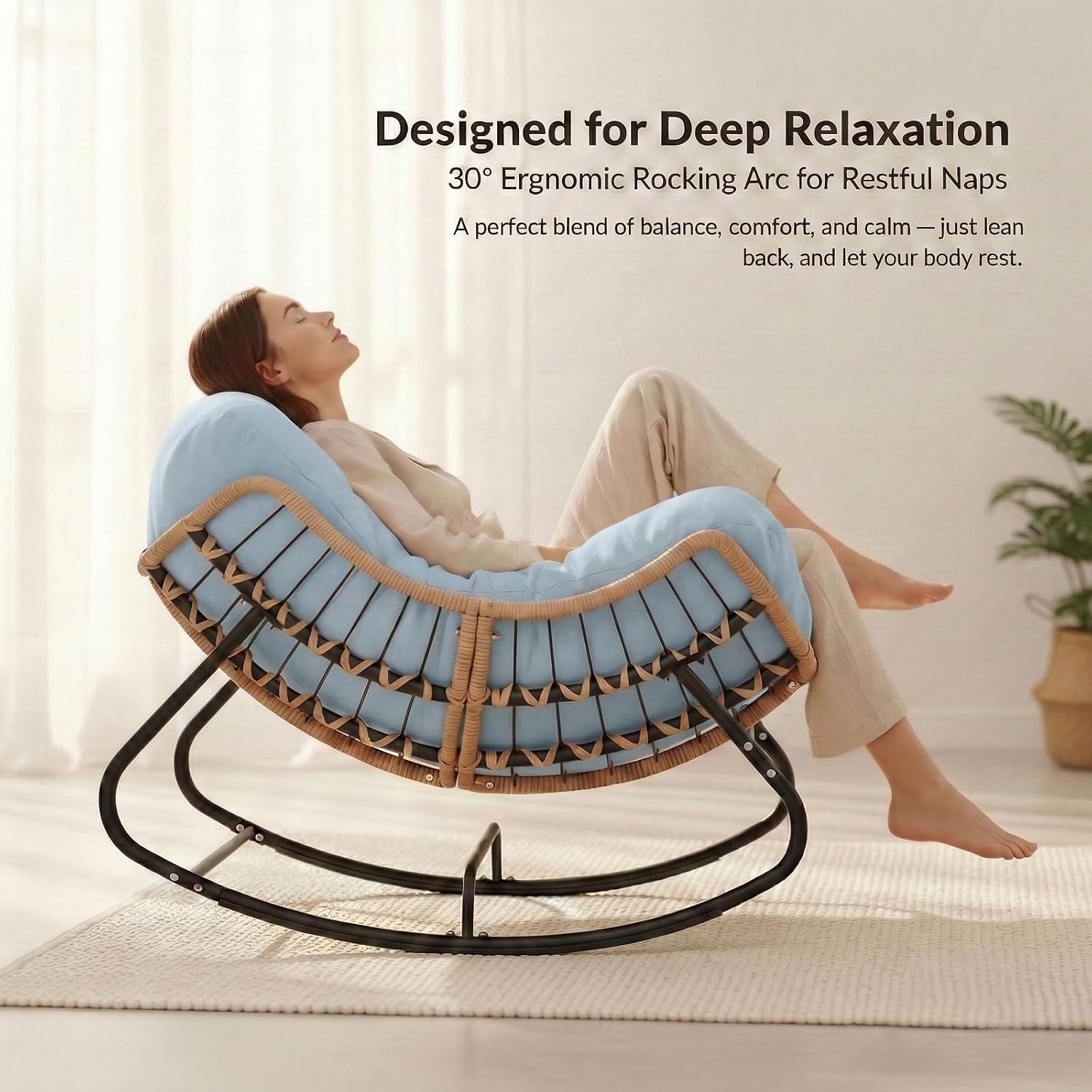 Oversized Papasan Rocking Chair Outdoor, Comfy Wicker Patio Papasan Egg Rocker with Thick Cushion for 450 lbs, Indoor Lounge Reading Chair for Living Room, Porch, Garden, Balcony, Bedroom-Blue