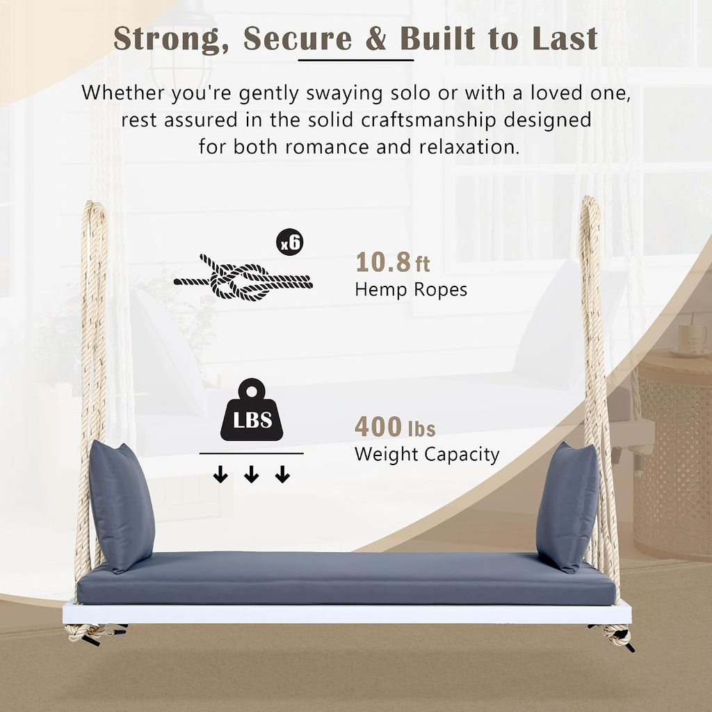 YOPTO Acacia Wood Porch Swing Bench with Cushion & Pillows, 63' Outdoor Hanging Bench for 2 Adults, Rustic Heavy Duty 10.8ft Ropes Swing Daybed for Patio Backyard Garden, White
