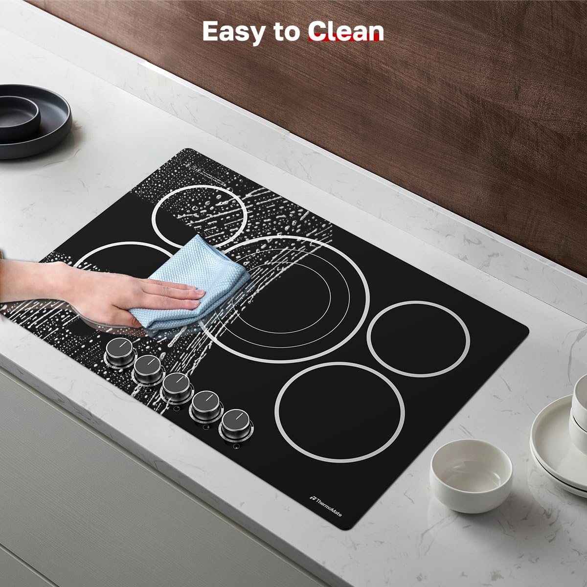 ThermoMate 30 Inch Electric Cooktop, 5 Burners Knob Control Built-in Ceramic Cooktop, 30' Radiant Electric Stove Top of 9000W with 9 Heat Levels, Hot Surface Indicator, 220-240v, Hard Wired
