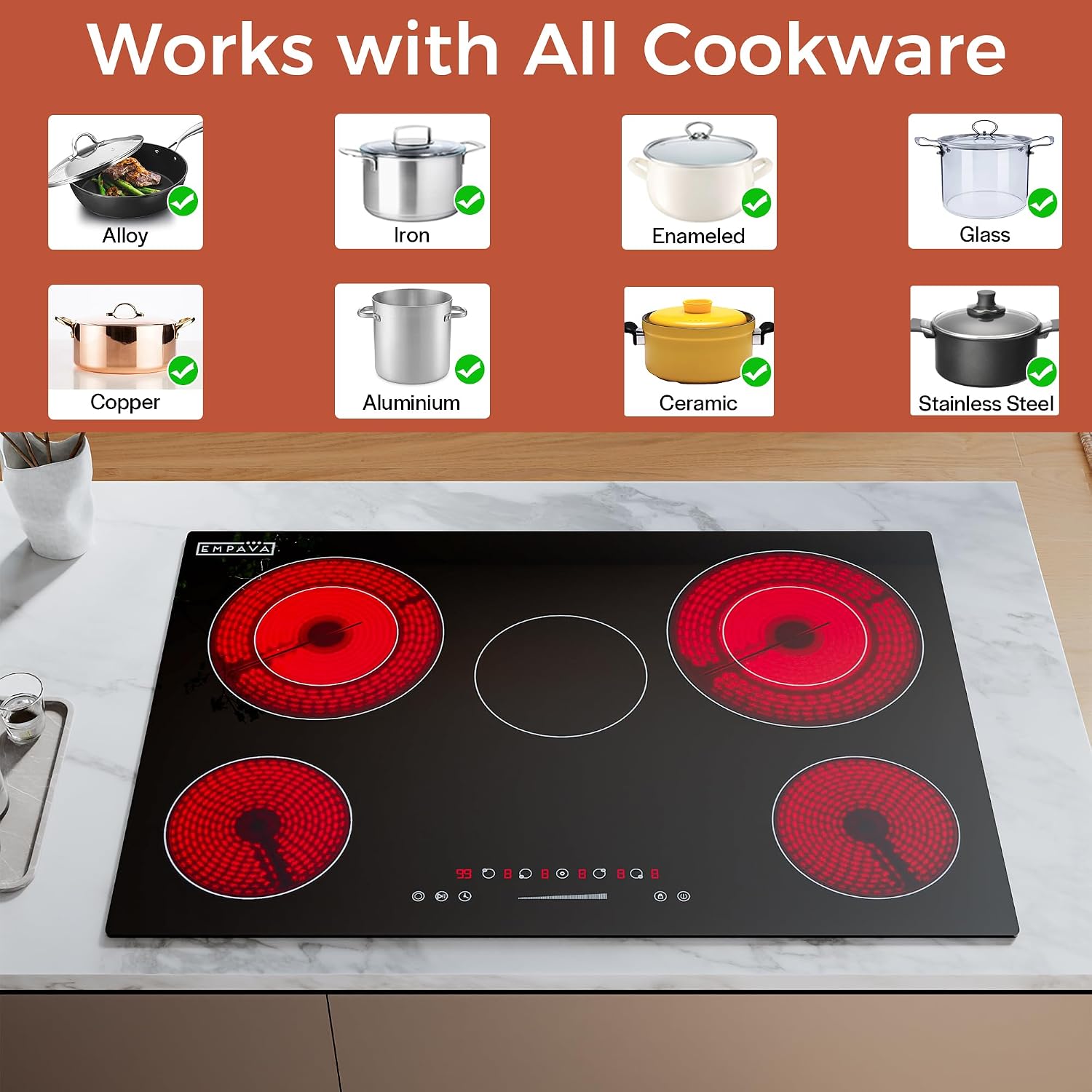 Empava 30 Inch Electric Cooktop, 5 Radiant Burners with 2 Dual-Zone Elements & 100W Warmer, Touch Controls, Timer, Child Lock, Built-in Ceramic Glass, Hardwired, ETL Certified