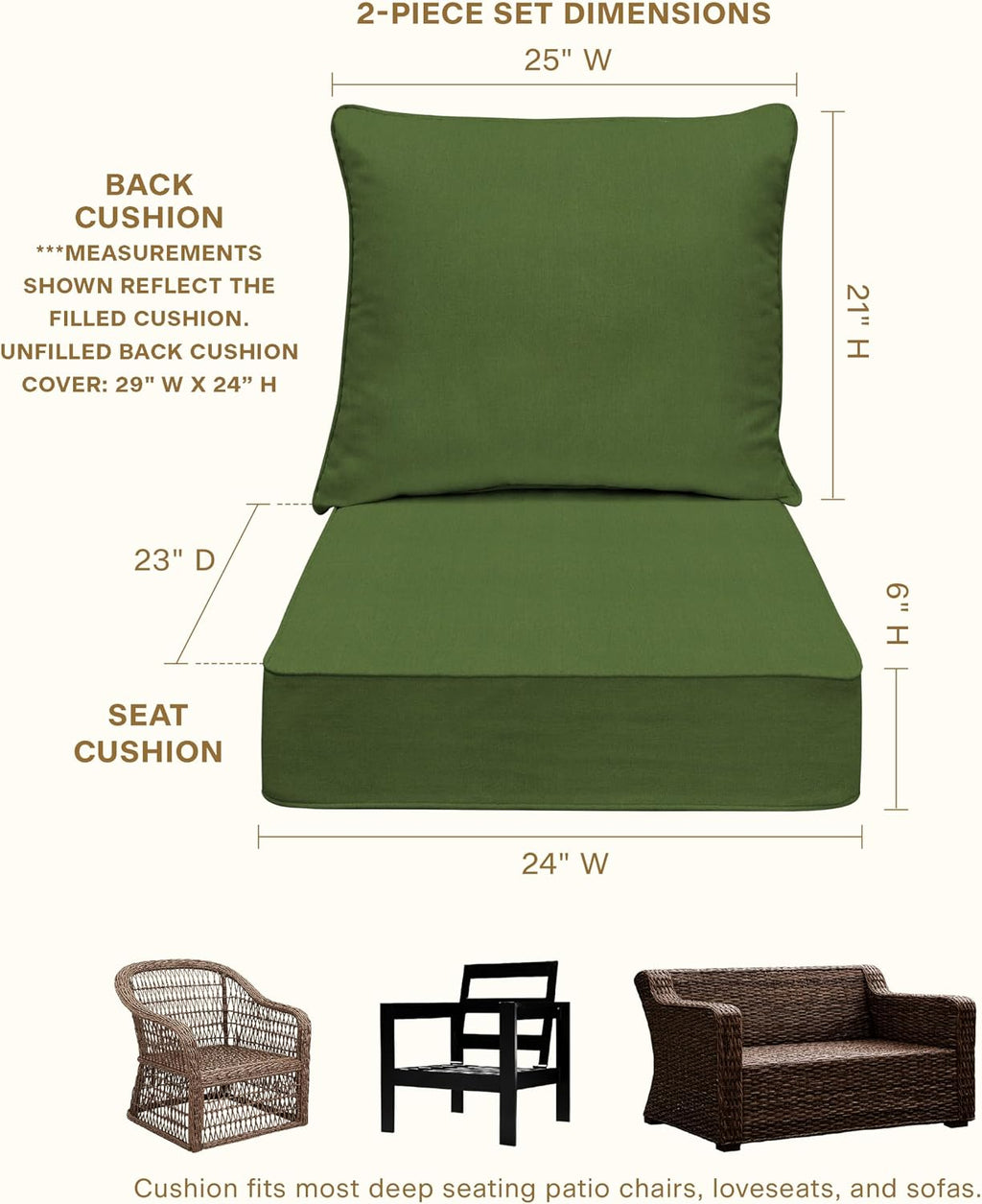 Honeycomb Outdoor Heritage Deep Seat, 24 x 23, Textured Solid Artichoke Green Chair Cushion with Removable Cover, for Patio Furniture
