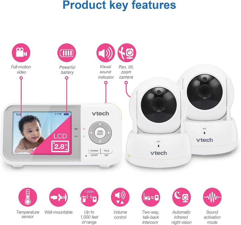 VTech VM923-2 Baby Monitor, 2.8'Screen, 1000ft Range, Pan-Tilt-Zoom, Night Vision, 2-Way Audio, Temperature Sensor, Lullabies, Secured Transmission No WiFi