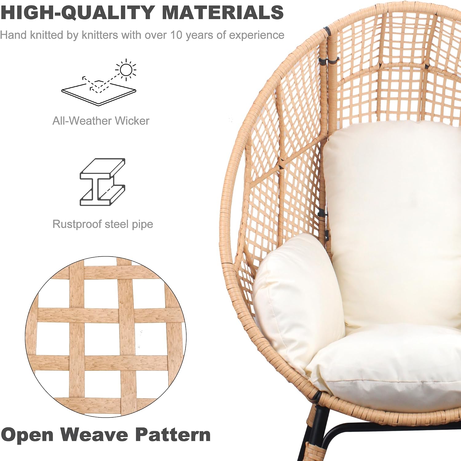 Oversized Wicker Egg Chair Outdoor Indoor Rattan Patio Egg Lounge Chairs with Cushion 500lbs Capacity for Living Room, Balcony, Backyard(Beige)