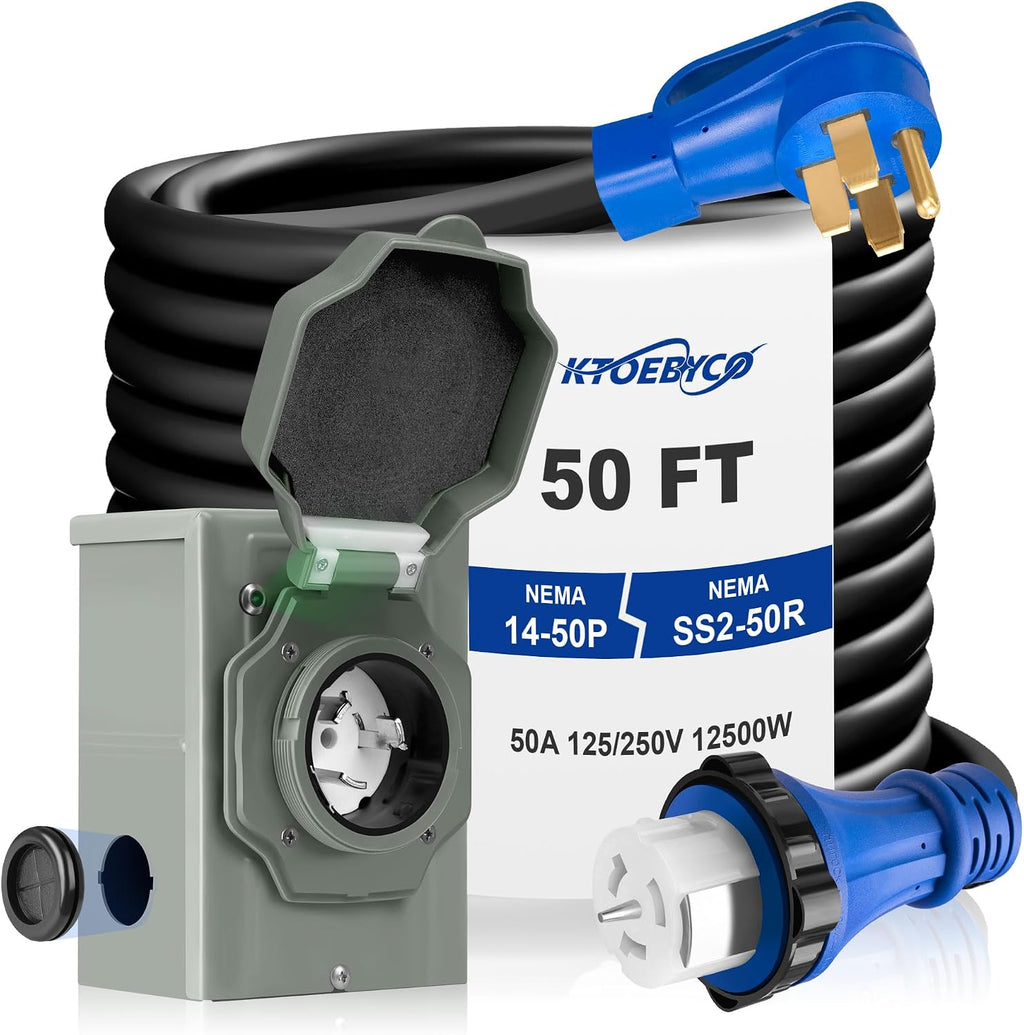 50 Amp Generator Cord and Inlet Box Combo Kit, 50FT NEMA 14-50P to SS2-50R Cord, Pre-Drilled Inlet Box, Waterproof, UL & ETL Listed