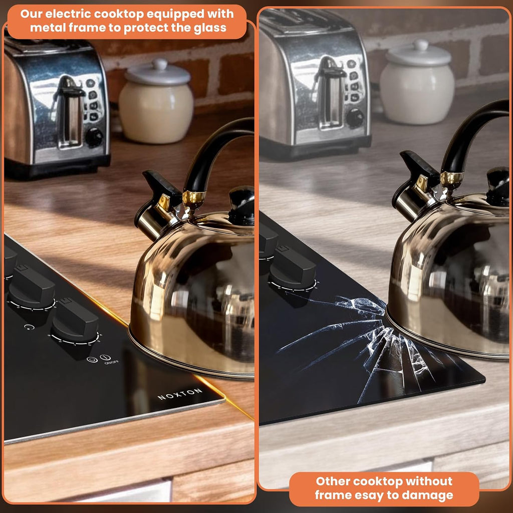 Noxton 30 Inch Electric Cooktop, 4 Burner Ceramic Cooktop with Glass Protection Metal Frame & Knob Control, Built-in Radiant Stove Top, Dual Ring Expandable Burner, 240V Hardwired for Seniors