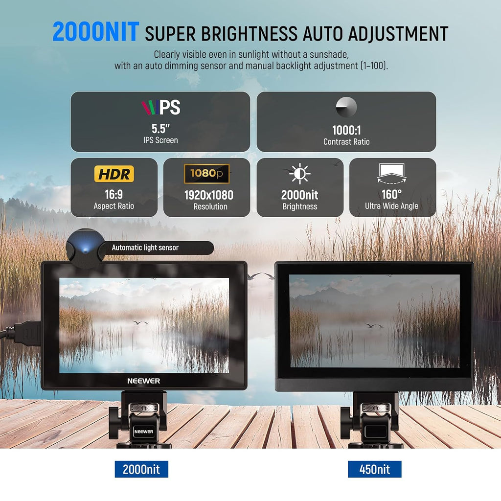 NEEWER 5.5' Camera Field Monitor, 2000nit HD 1920x1080 IPS Touch Screen, 4K HDMI Loop in/Out with 3D LUT Peak Focus DSLR Video Assist HDR Waveform, 5200mAh F750 Battery, DC7-24V/Type C 5V In, F500 PRO
