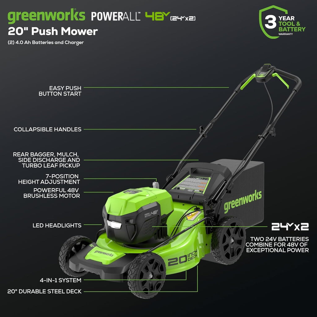 Greenworks 48V (24V x 2) 20' Brushless Cordless (Push) Lawn Mower (LED Headlight), (2) 4.0Ah Batteries and Dual Port Rapid Charger Included (200+ Compatible Tools)