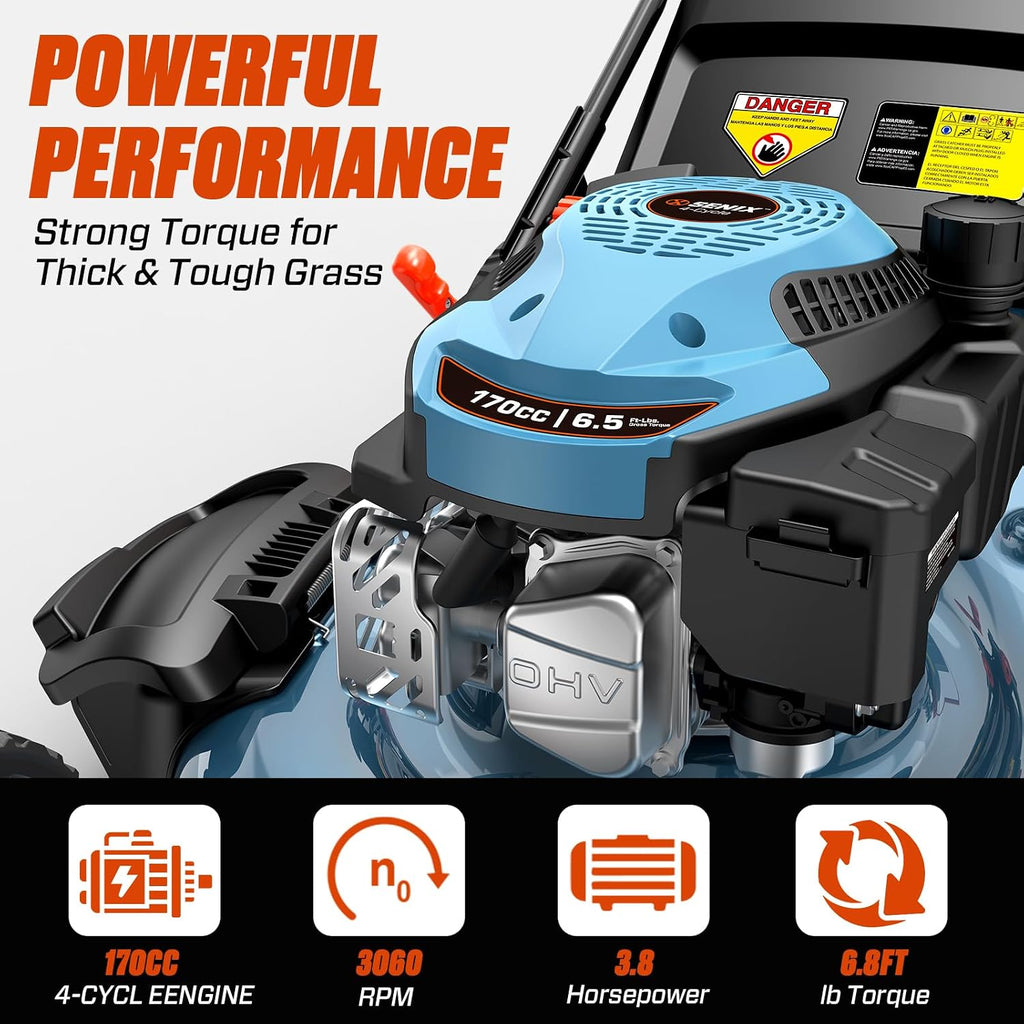SENIX 22' Self-Propelled Gas Lawn Mower, Gas Powered Lawn Mower,170cc 4-Cycle Engine, Easy Start, 3-in-1 Mulching Bagging Side Discharge, 6 Cutting Height(1.25' - 4'), Durable Steel Deck,Foldable