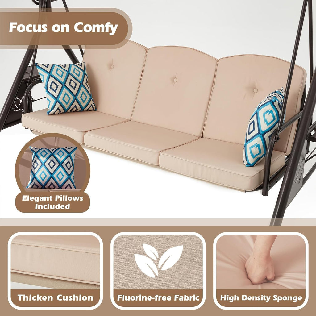 ZZW 800LBS Patio Swing with Canopy 3 Seat Outdoor Porch Swing with Stand w/Cup Holder & Pillow Glider Chair Swing Bed for Patio Backyard Poolside (Khaki)