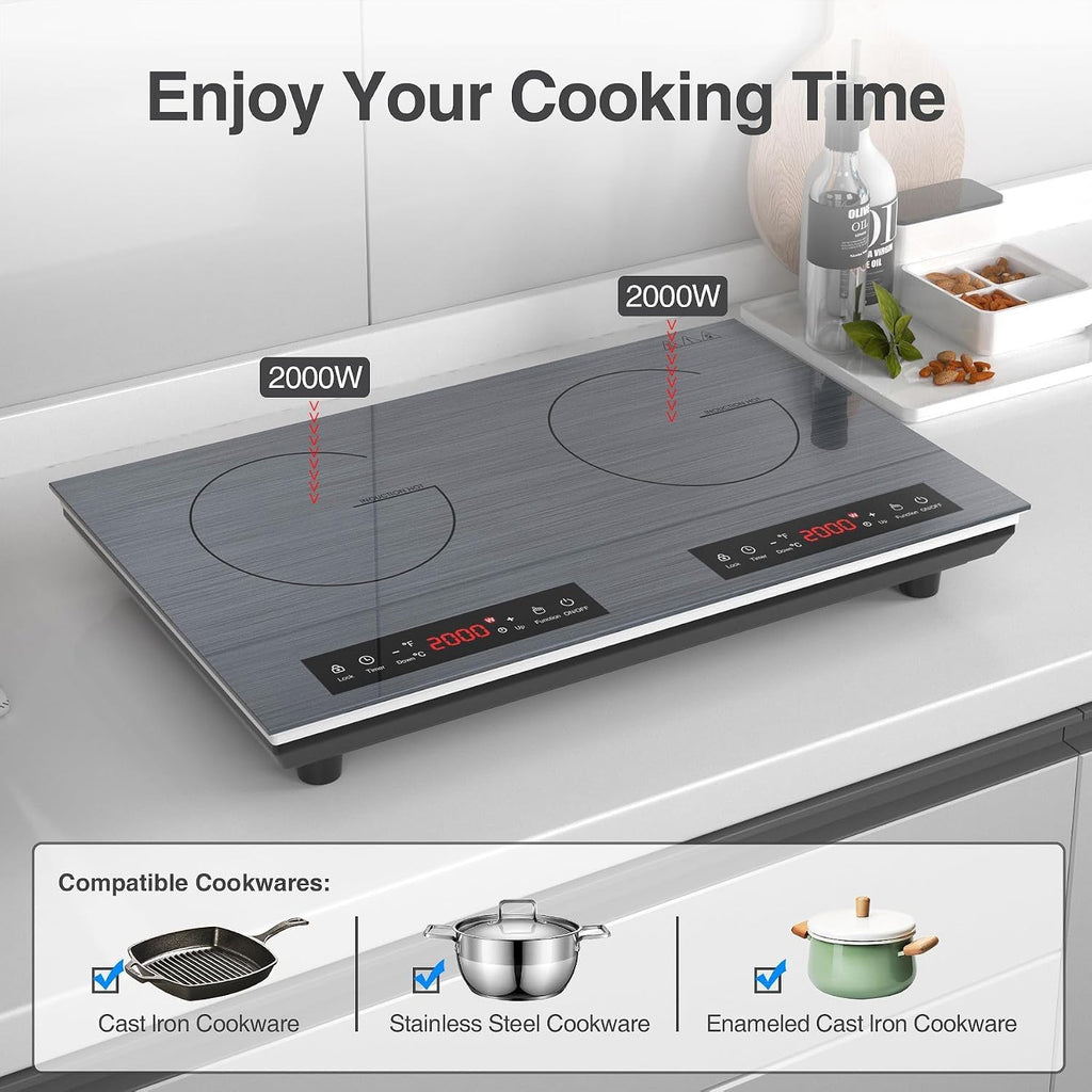 VBGK Double Induction Cooktop, 24 inch 4000W Electric cooktop with hot plate, induction stove top with LED Touch Screen 9 Levels Settings with Child Safety Lock & Timer 110V Induction cooktop 2 burner