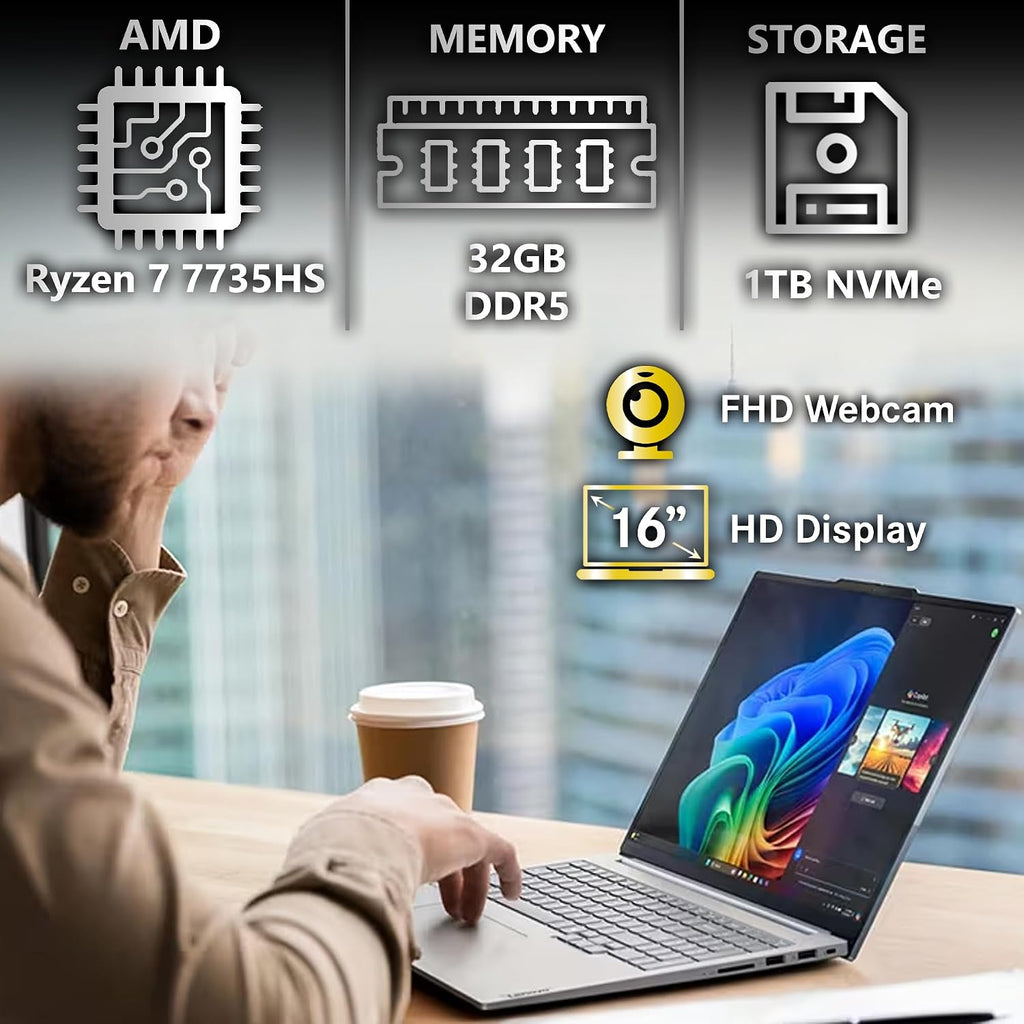 Lenovo ThinkBook 16 G7 Business Laptop, 16' FHD+, AMD Ryzen 7 7735HS, 32GB DDR5, 1TB NVMe, WiFi 6E + BT, Backlit KB, Fingerprint Reader, HD Webcam, Win 11 Pro