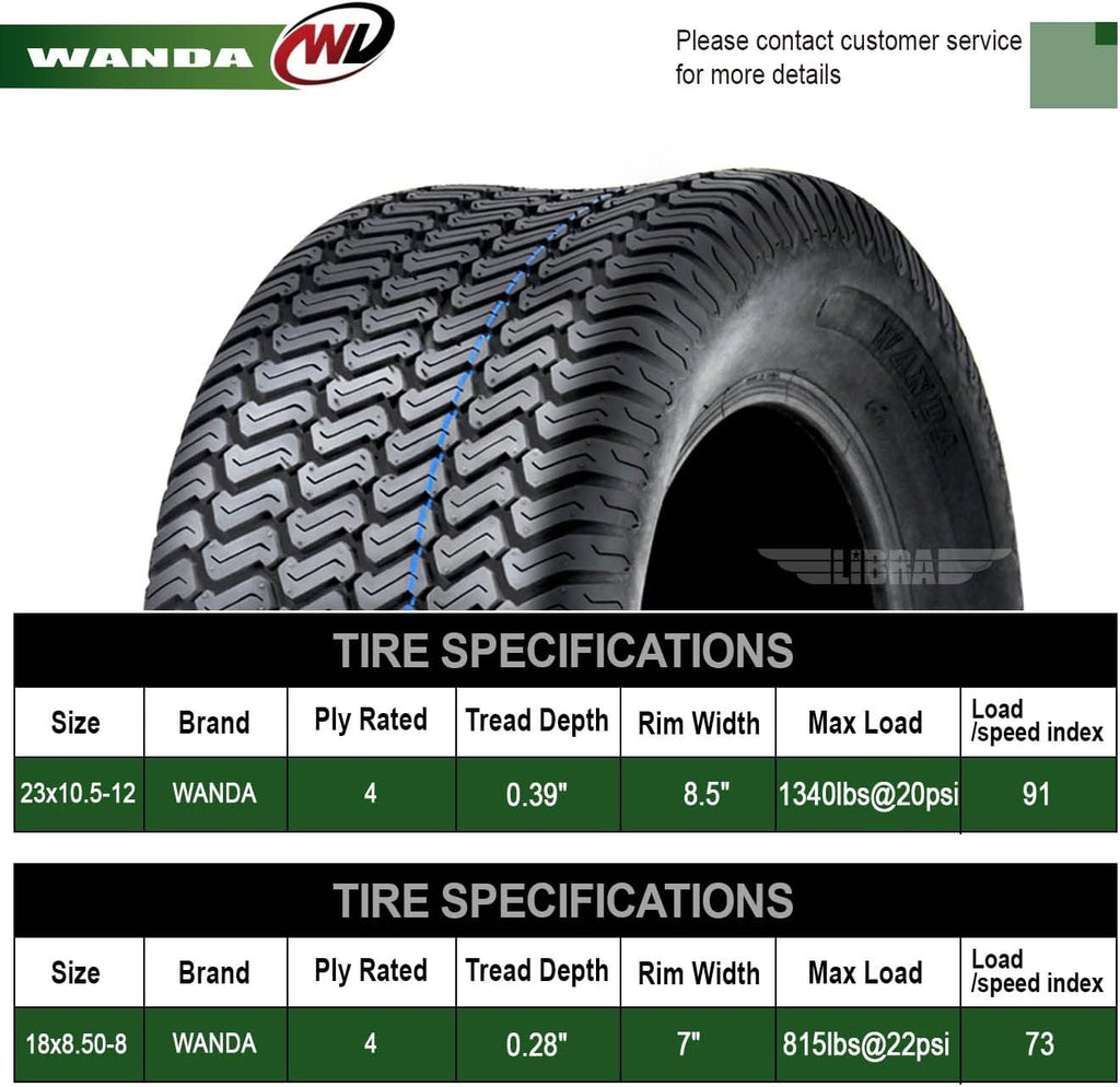 WANDA Set 4 Lawn Mower Turf Tires 18x8.5-8 Front & 23x10.5-12 Rear /4 ply -13028/13049