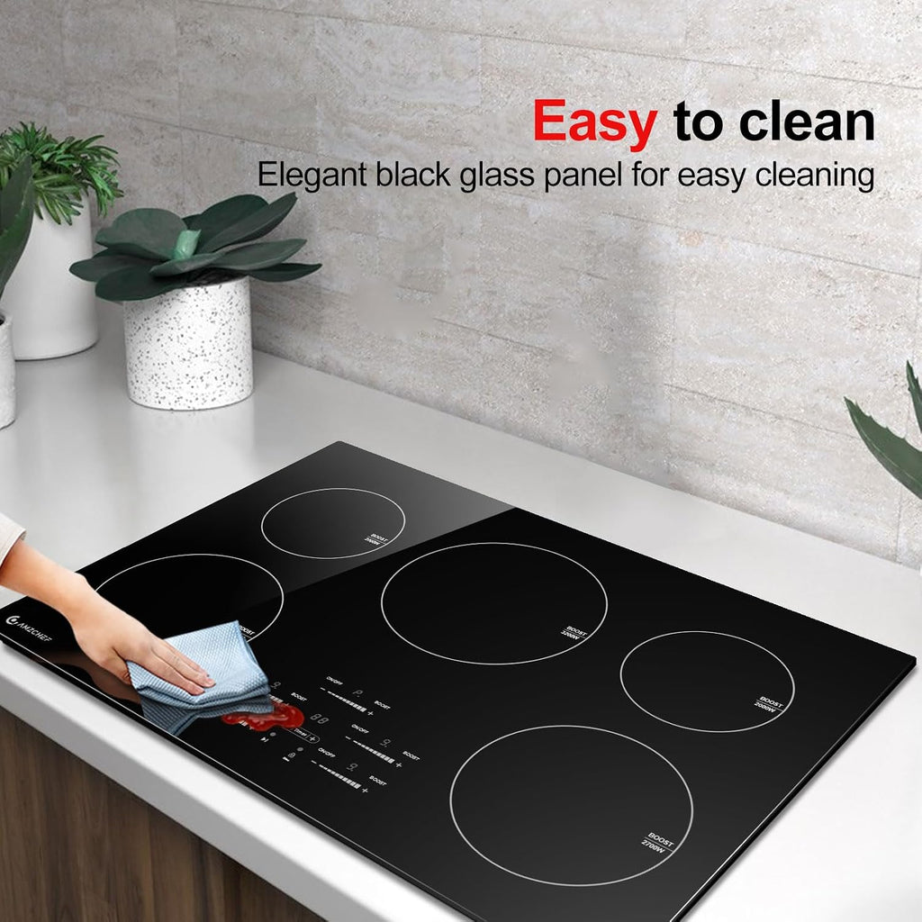 30 Inch 10600W Induction Cooktop,AMZCHEF 9 Levels Electric Cooktop with 5 BOOST Burners, Bulid-in Induction Stove Control by Slide Touchscreen, Safety Lock, Independent Timer, No Plug, 240V