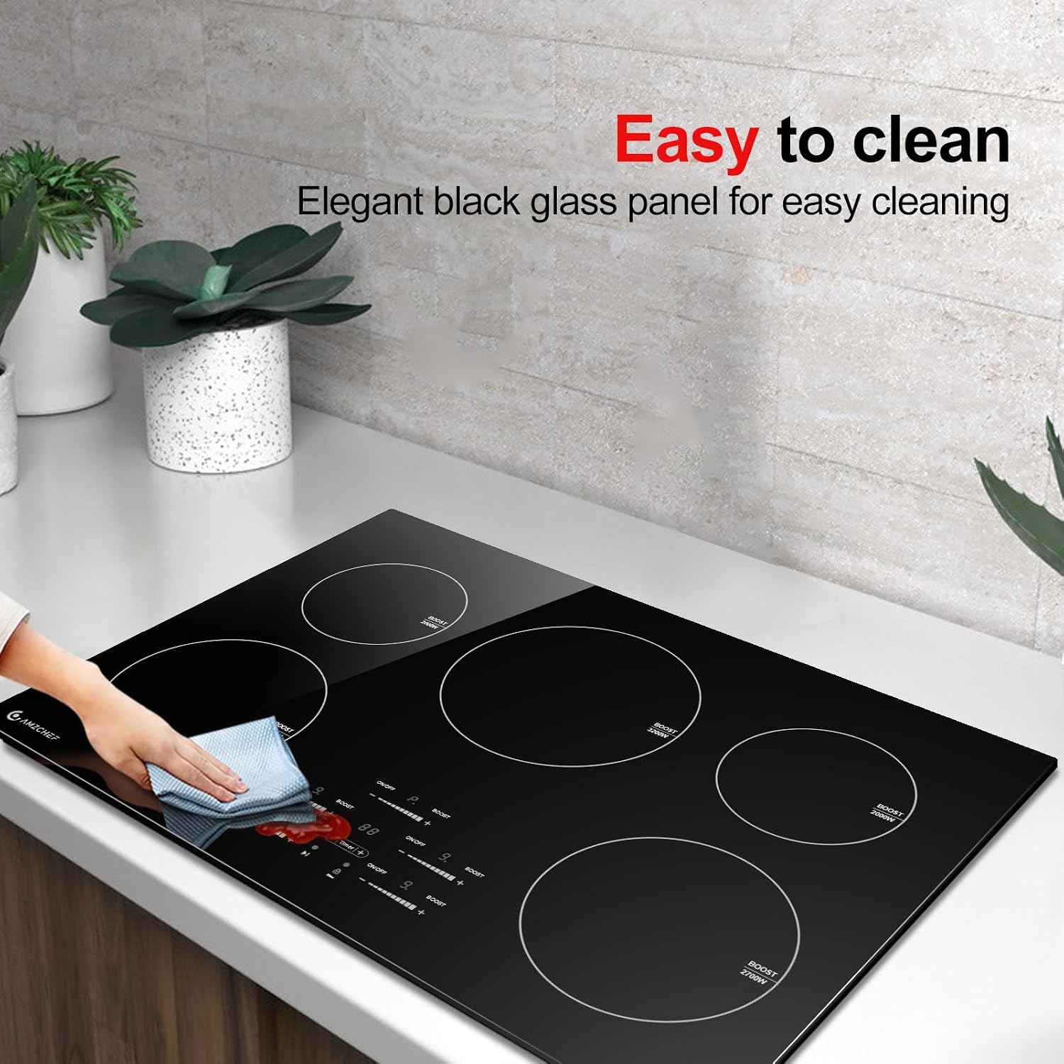 30 Inch 10600W Induction Cooktop,AMZCHEF 9 Levels Electric Cooktop with 5 BOOST Burners, Bulid-in Induction Stove Control by Slide Touchscreen, Safety Lock, Independent Timer, No Plug, 240V