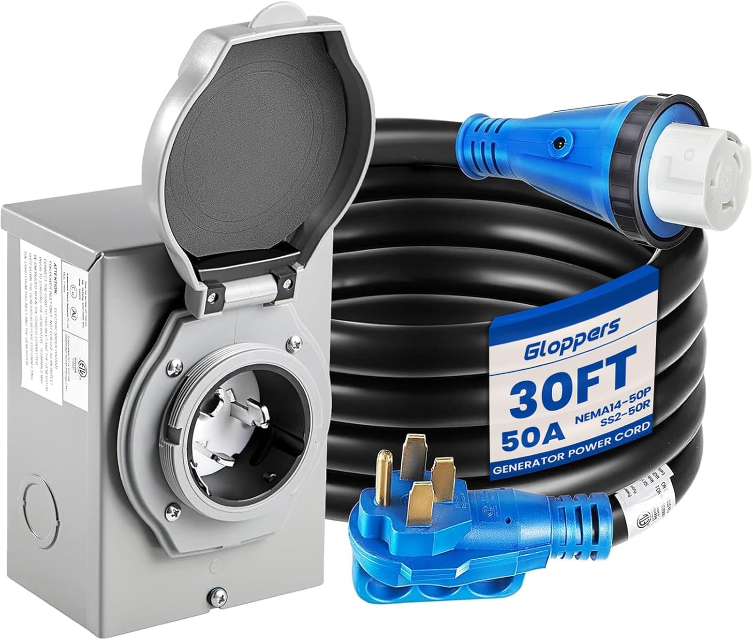 50 Amp Generator Cord and Power Inlet Box, 50 Amp Generator Cords 30 FT,125V/250V Generator Power Cord NEMA14-50P/SS2-50R Twist Lock Connector