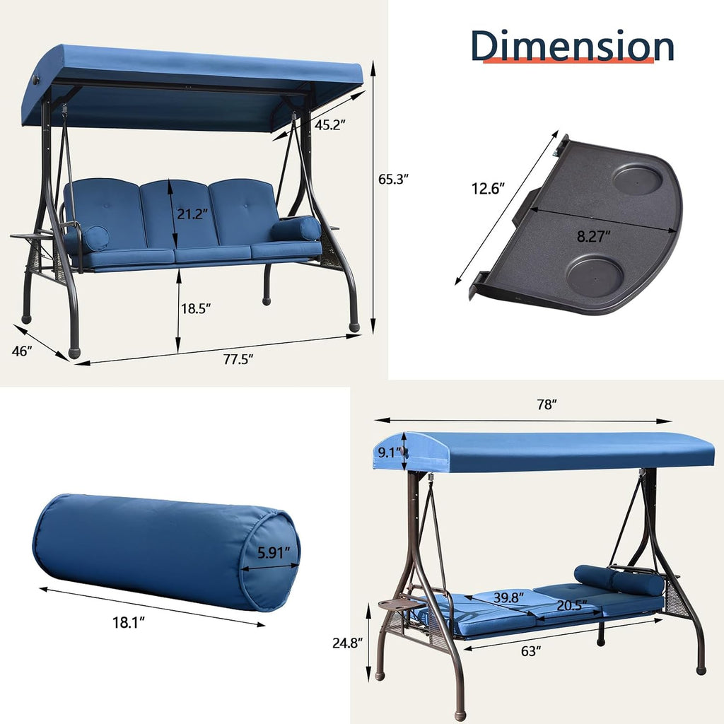 NOBLEMOOD Patio Porch Swing, 3-Seat Outdoor Swing with Adjustable Canopy, Waterproof Fabric Cushion, Pillow and Foldable Side Tray for Patio, Backyard, Porch Swing Bed for Spring