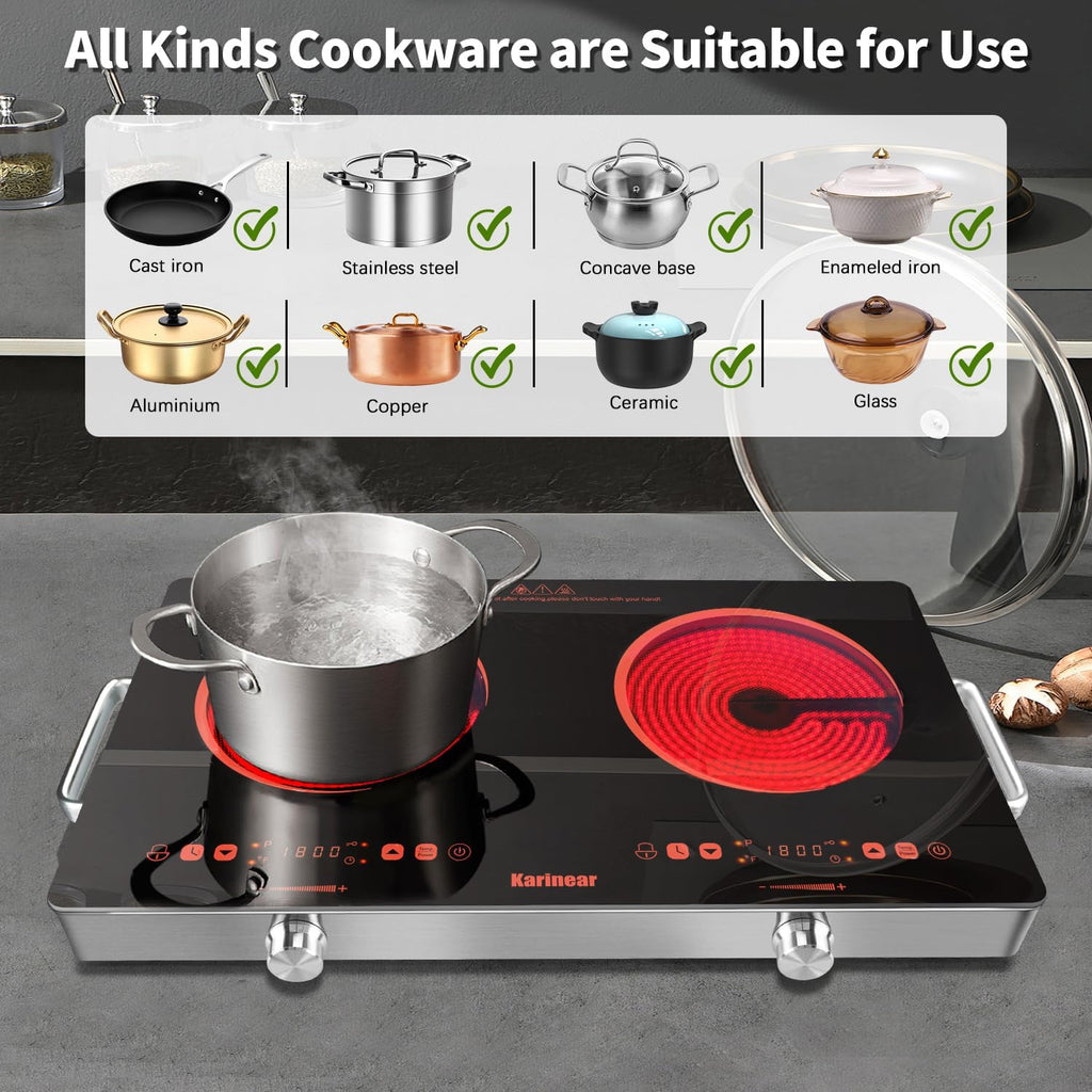 Karinear 2 Burner Electric Cooktop 110V, Portable Electric Stove with Handle, Knob Control Electri Hot Plate, Ceramic Countertop Burner, Timer, Safety Lock, 9 Power Level, 2000W, 24 inch(Gold)