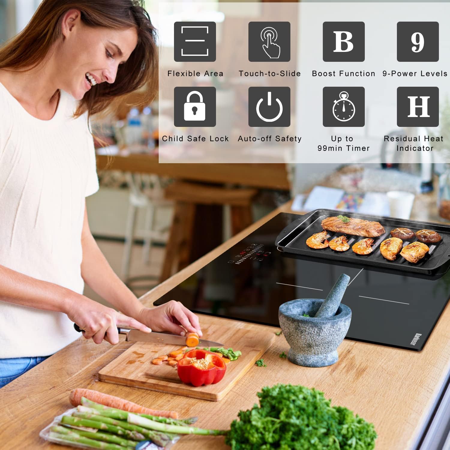 Karinear 24 Inch Induction Cooktop 3 Burners, 6800W Built-in Induction Stovetop with Flex Zone,Child Safety Lock, Timer, Boost, Slider Control Black Glass Electric Cooktop 220-240V Hard Wire