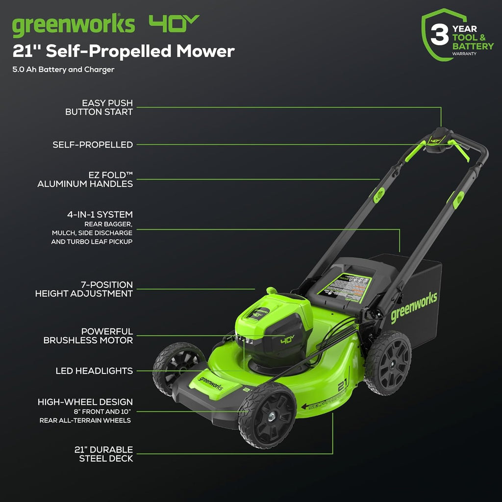 Greenworks 40V 21' Self-Propelled Cordless Lawn Mower – Brushless Motor, 5.0Ah Battery & Charger(75+ Tool Compatible)