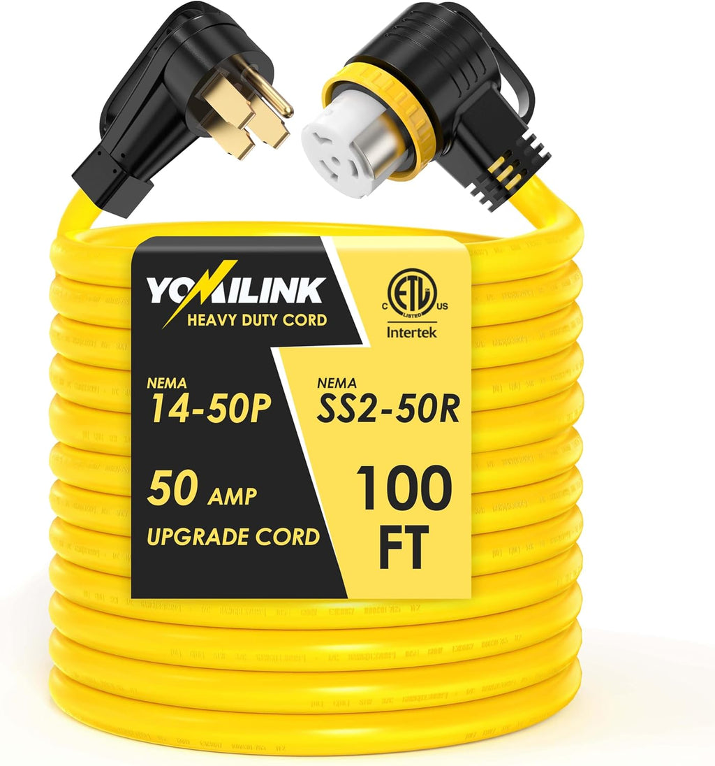 YOMILINK 100 Feet 50 Amp RV/Generator Cord, 100% Copper Wire, NEMA 14-50P to SS2-50R Twist Lock, Newly Designed 90°Grip Handle, 6/3+8/1 Gauge STW Wire