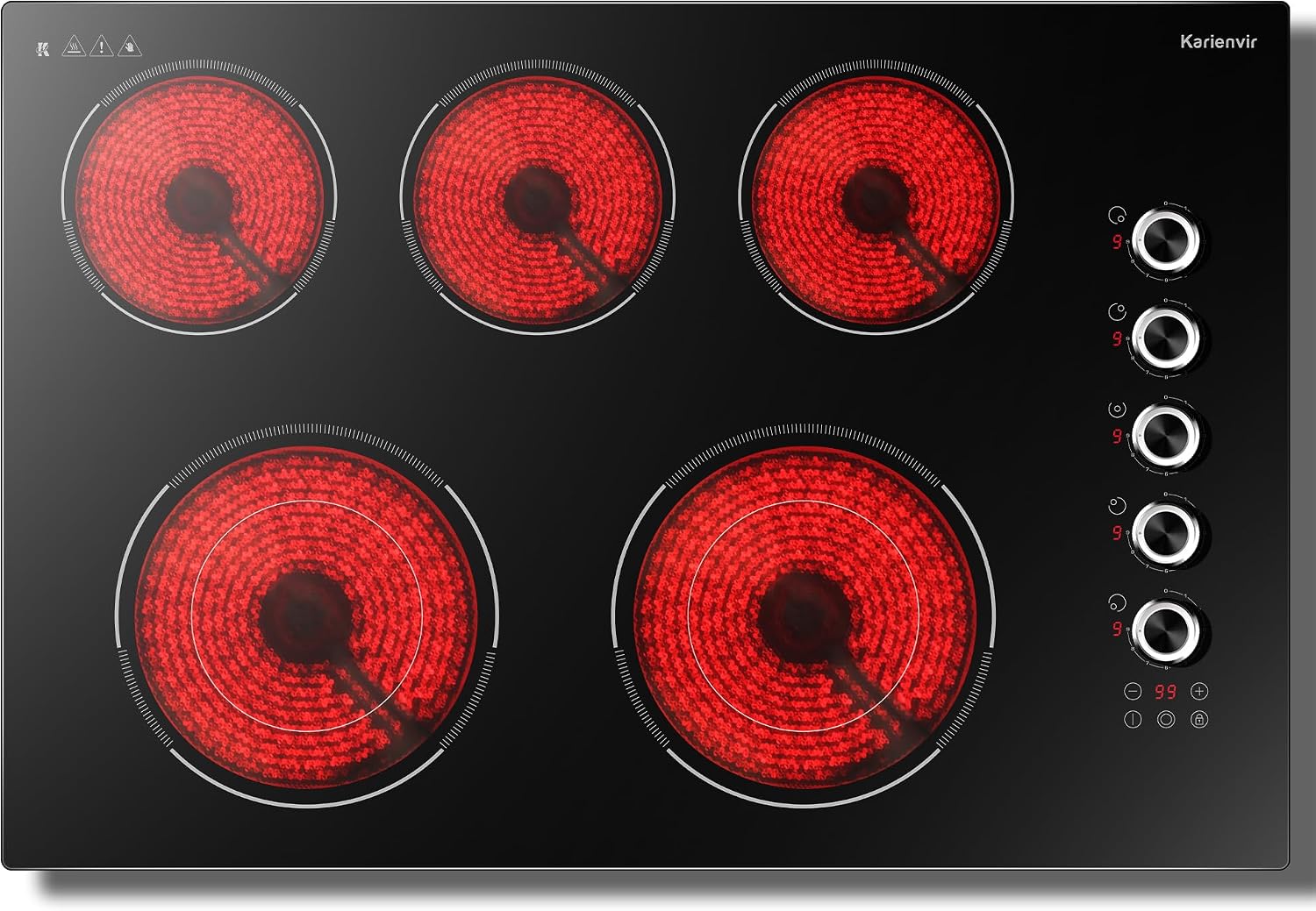 30 Inch Electric Cooktop 5 Burner Karienvir, 8600W Built-in Electric Stove Top, Cooktop 30' with Double-ring Burner, Knob & Touch Control, 9 Power Levels, Timer, Safety Lock, 220V-240V Hard Wire
