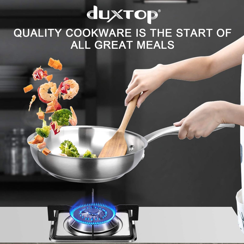 duxtop Tri-ply Stainless Steel Frying Pan with Stay-Cool Handle, Professional 8 inch Fry Pan with Induction Magnetic Bottom, Healthy Small Skillet, Dishwasher and Oven Safe | (Pack of 4)