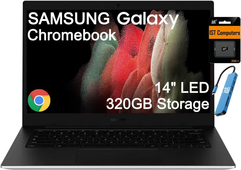 Samsung Galaxy Chromebook Go Laptop (14' LED, Intel Celeron N4500, 320GB Storage (64GB eMMC + 256GB SD Card)) Home & Student, Spill-Resistant, 12-Hr Long Battery, Webcam, Wi-Fi 6, IST HUB, Chrome OS