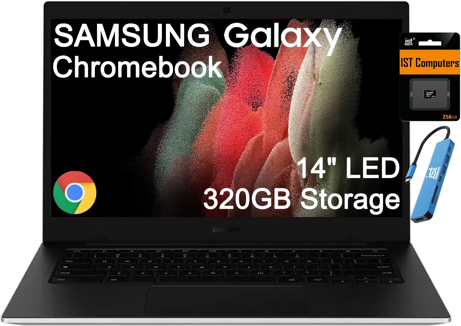 Samsung Galaxy Chromebook Go Laptop (14' LED, Intel Celeron N4500, 320GB Storage (64GB eMMC + 256GB SD Card)) Home & Student, Spill-Resistant, 12-Hr Long Battery, Webcam, Wi-Fi 6, IST HUB, Chrome OS