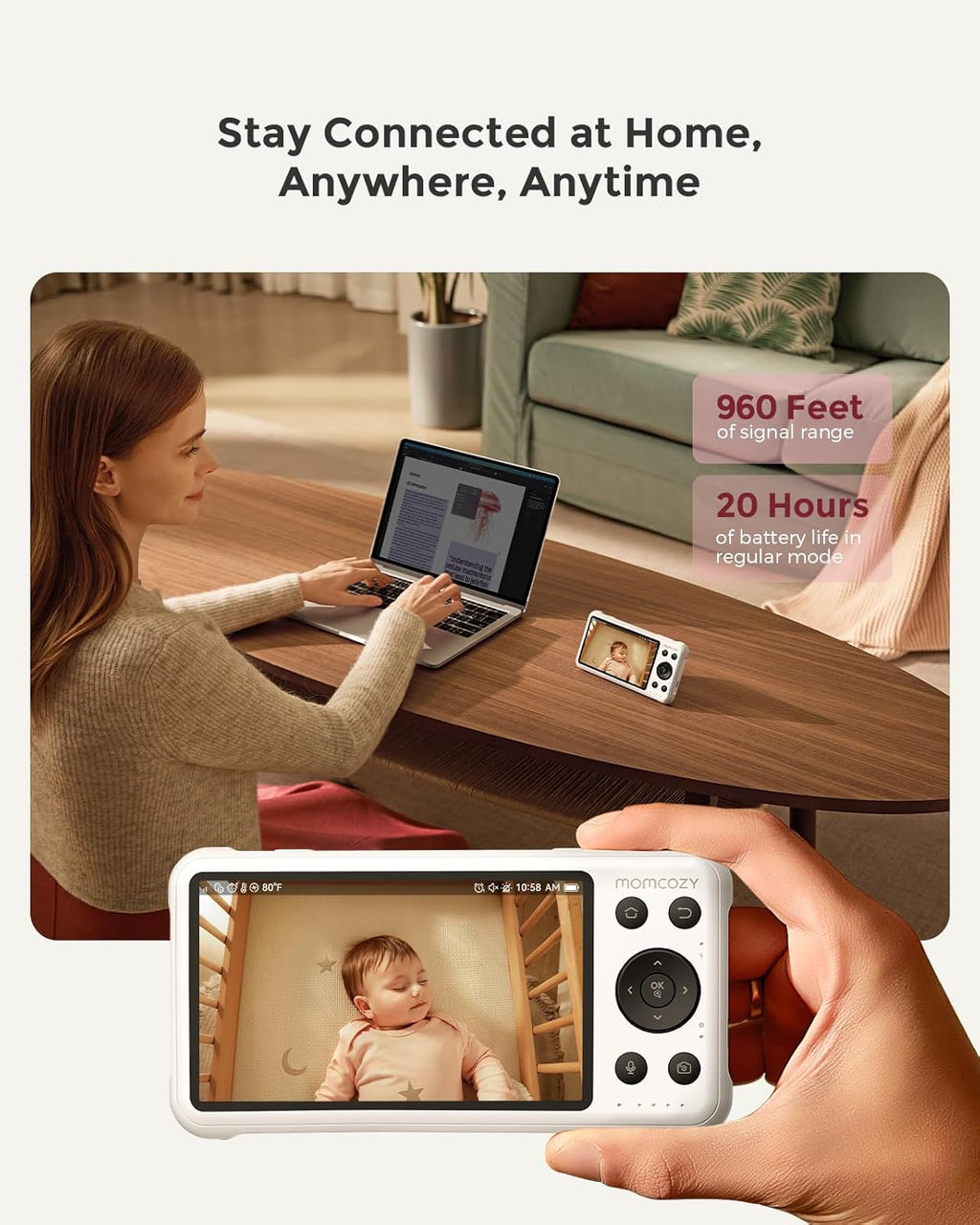 Momcozy Smart WiFi Baby Monitor with Camera and Audio, 5' 1080P Screen with Wall Mount, Motion & Cry Detection, Safe Fence,Clear Night Vision, 5000mAh Battery, 2-Way Talk, Photo & Video Recording,BM04