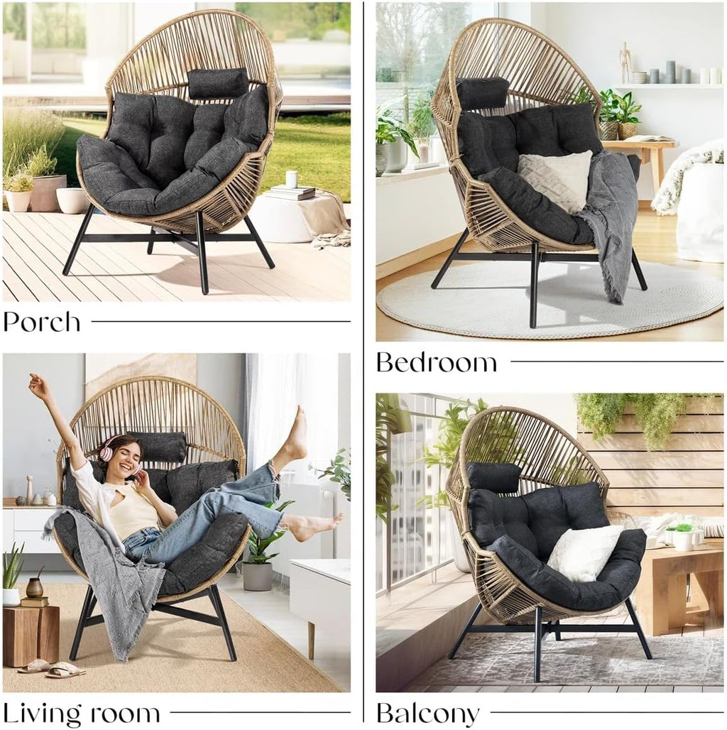 Bme Heavy Duty 500 Lbs Capacity Wicker Egg Chair for Outside & Indoor, UV 2000 Hours Material with Flame Retardant Tested Cushion, Durable Against Water, Weather, Black Base