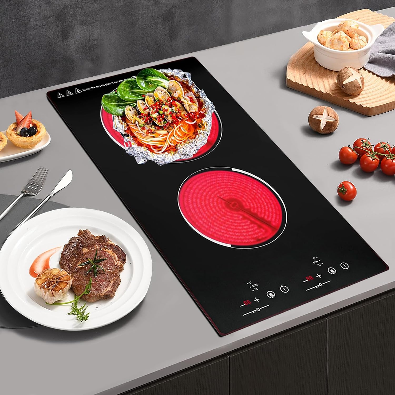 Electric Ceramic Cooktop With Plug, 1500W 110V Portable 2 Burners Built-in Sensor Touch Control Countertop Hot Plate, 9 Heating Levels