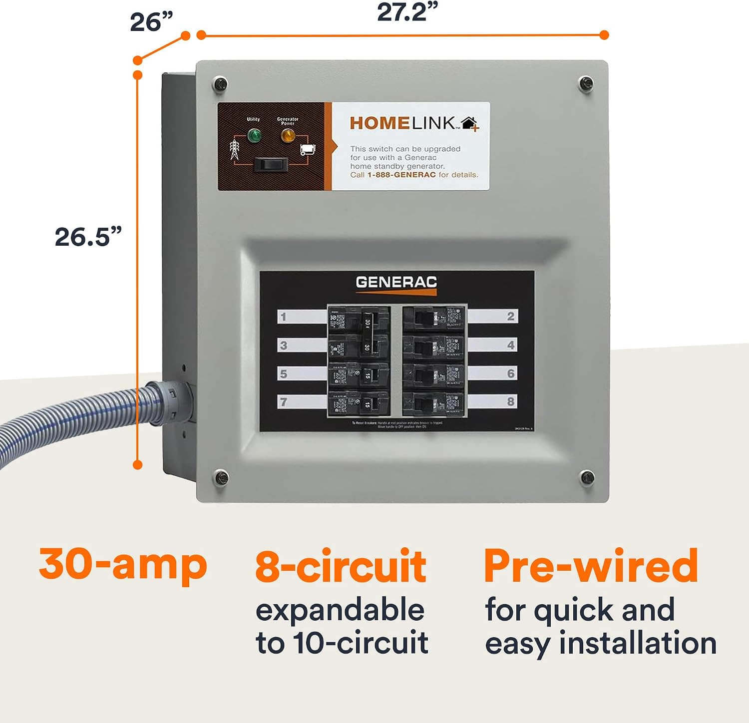 Generac 6853 HomeLink Upgradeable 30 Amp Transfer Switch Kit - Reliable Power & Champion 25-Foot 30-Amp 250-Volt Generator Power Cord for Manual Transfer Switch (L14-30P to L14-30R)