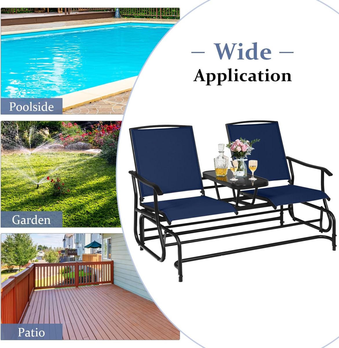 Giantex Outdoor Glider, Rocking Chair with Metal Frame, Center Tempered Glass Table, 2-Person Loveseat, Patio Glider Bench, Outside Swing Chair for Garden Yard Lawn Porch Patio Rocker (Navy)