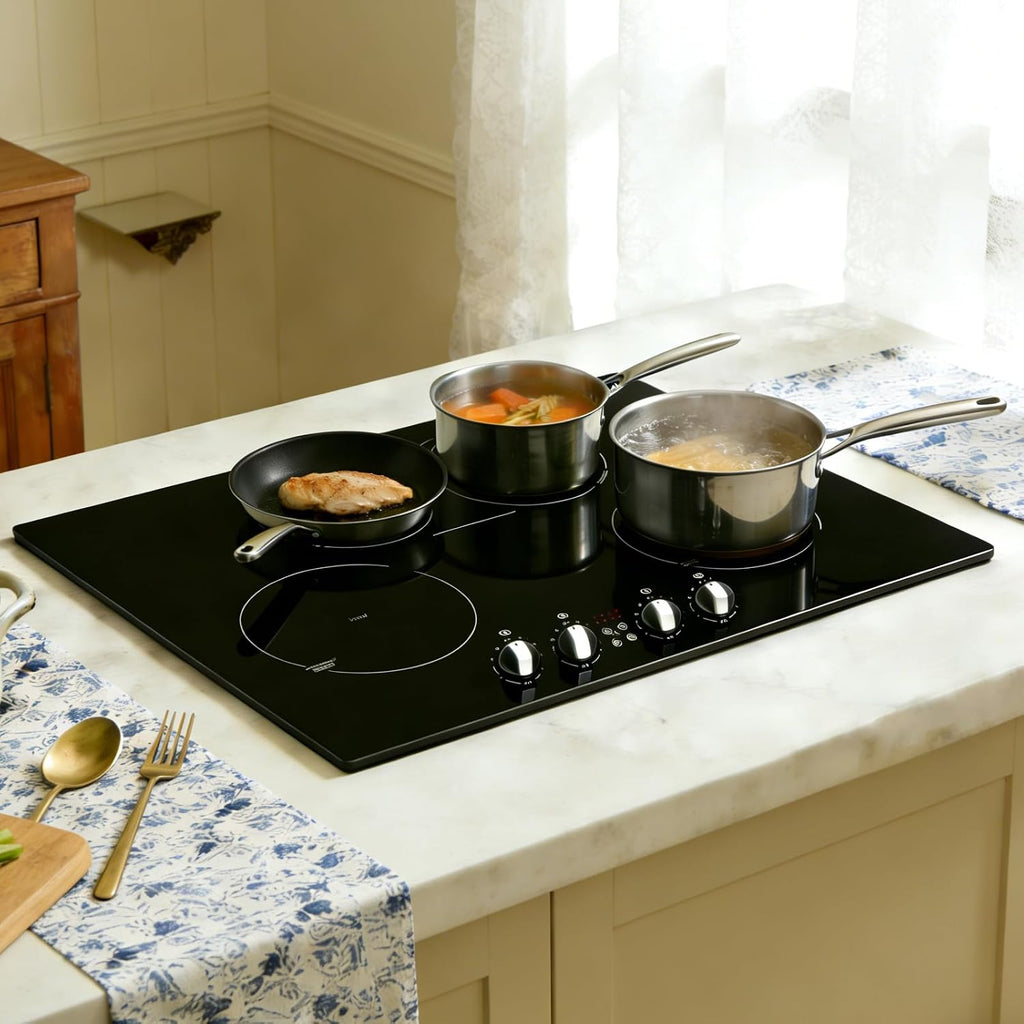 30 Inch Induction Cooktop 7800W, Weceleh 10 Levels Electric Cooktop with 4 BOOST Burners, Bulid-in Induction Stove Top, Bridge-Sync, Safety Lock, Timer, Knob Control, No Plug, 220-240V